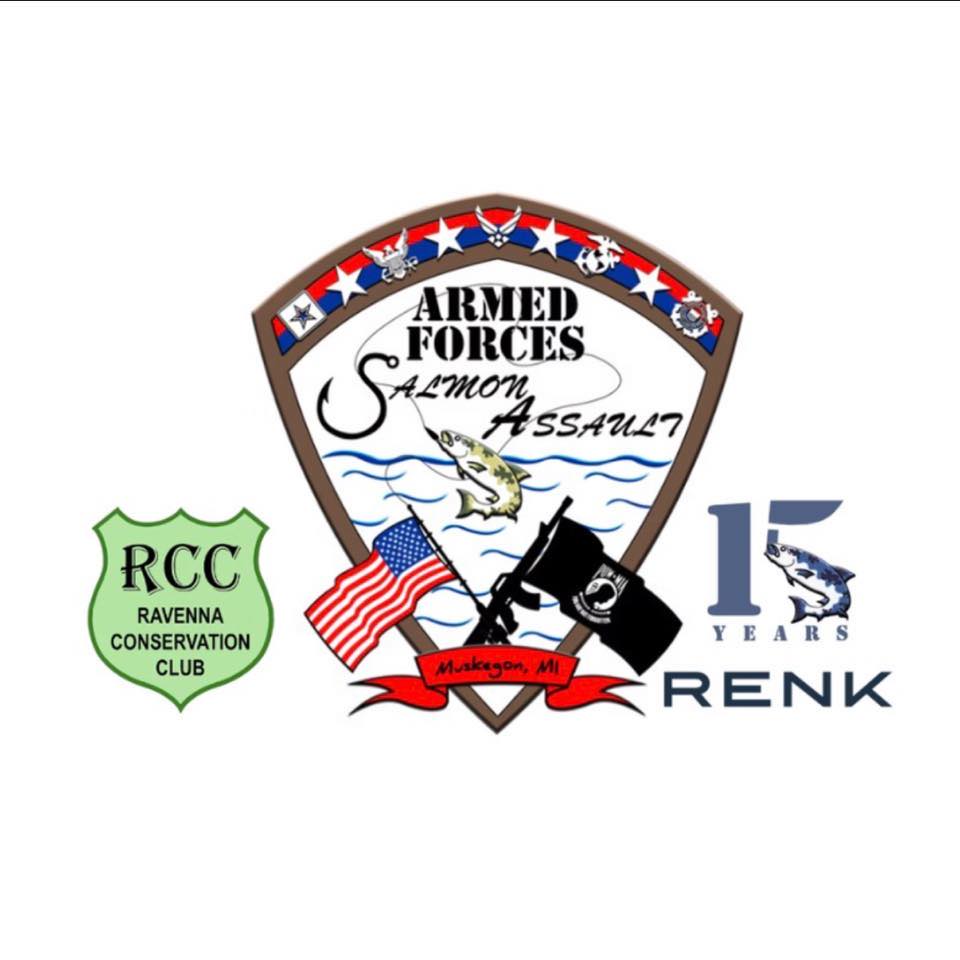 Armed Forces Salmon Assault logo featuring a salmon in water with military flags and insignia, commemorating 15 years of the event.